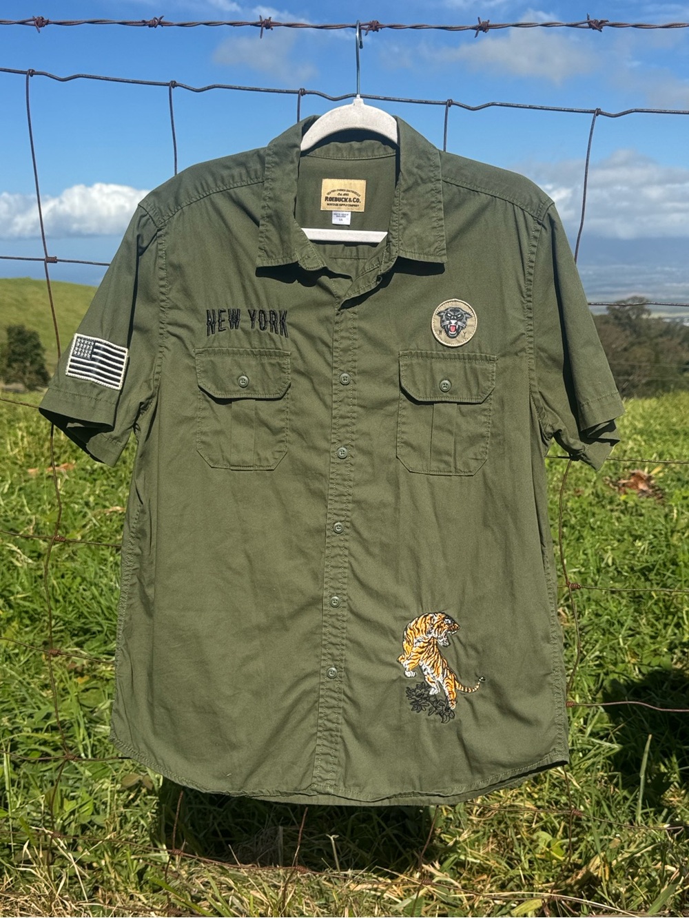 Roebuck Shirt 90s Grunge Green Button Up Military Tiger New York Panther NYC
